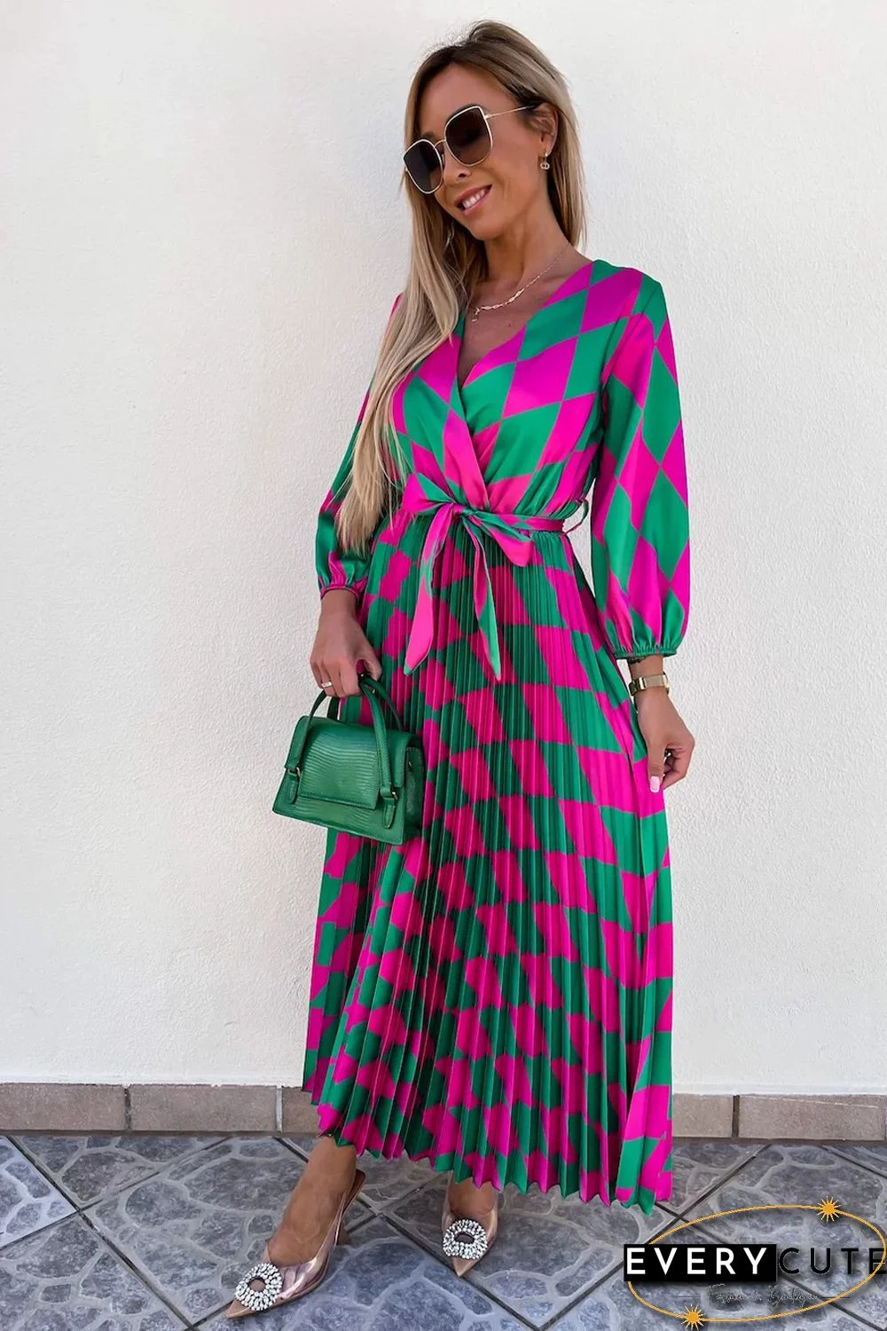 Multicolor Rhombus Contrast Color Block Belted Maxi Dress