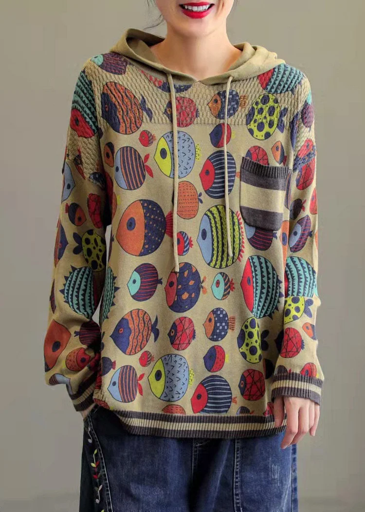 Art Khaki Hooded Print Knit Sweatshirt Streetwear Winter