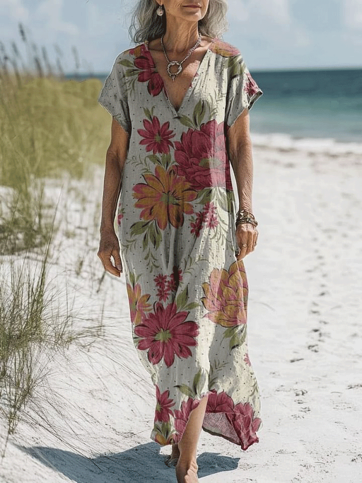 Women's Vintage Flower Art Print Pocket Cotton Dress