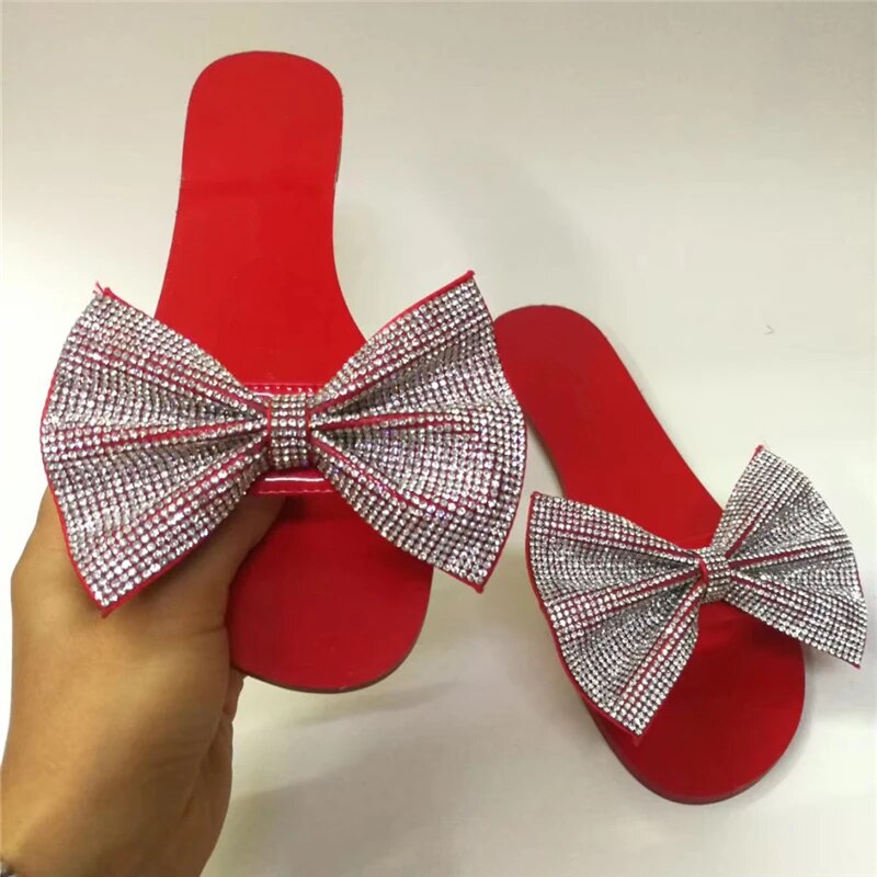 VCSHOES Jeweled Rhinestone Butterfly-knot Slippers Women Patent Leather Flat Heel Slides Beach Shoes Woman
