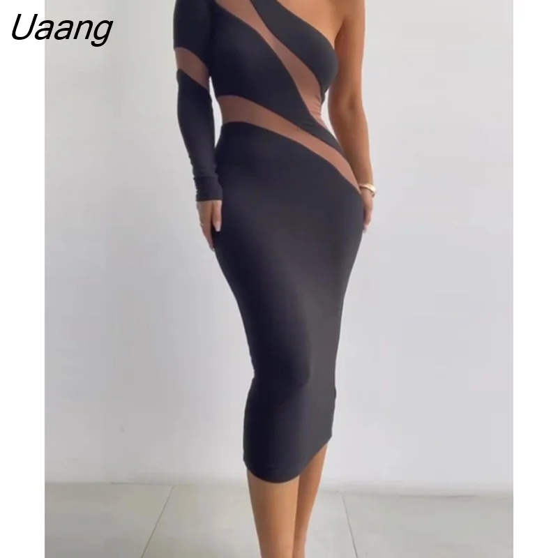 Uaang Women Sheer Mesh One Shoulder Bodycon Dress
