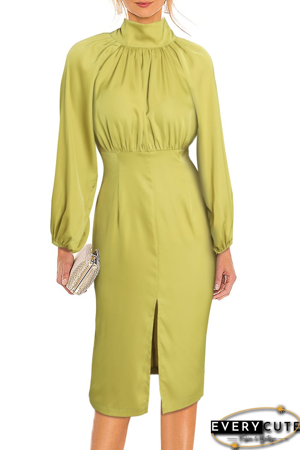 Yellow Ribbon Tie Back Long Puff Sleeve Slit Midi Dress
