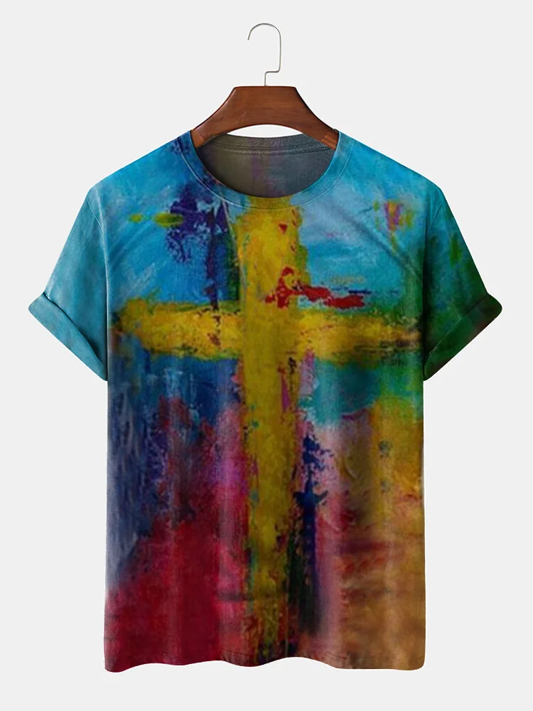 Tie-dye Cross Print Short Sleeves Casual Tees