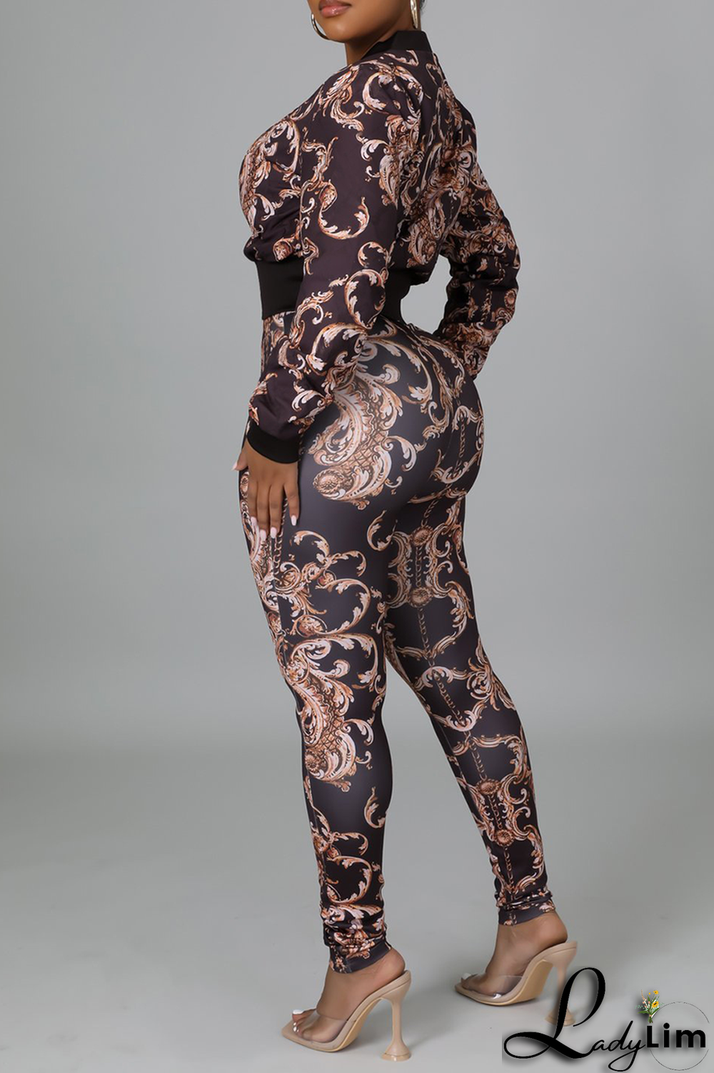 Colour Sexy Print Split Joint Zipper Collar Long Sleeve Two Pieces