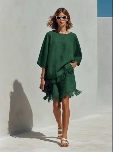 Women&rsquo;s Minimalist Linen-Blend Fringe-Trimmed Top & Shorts Set MD