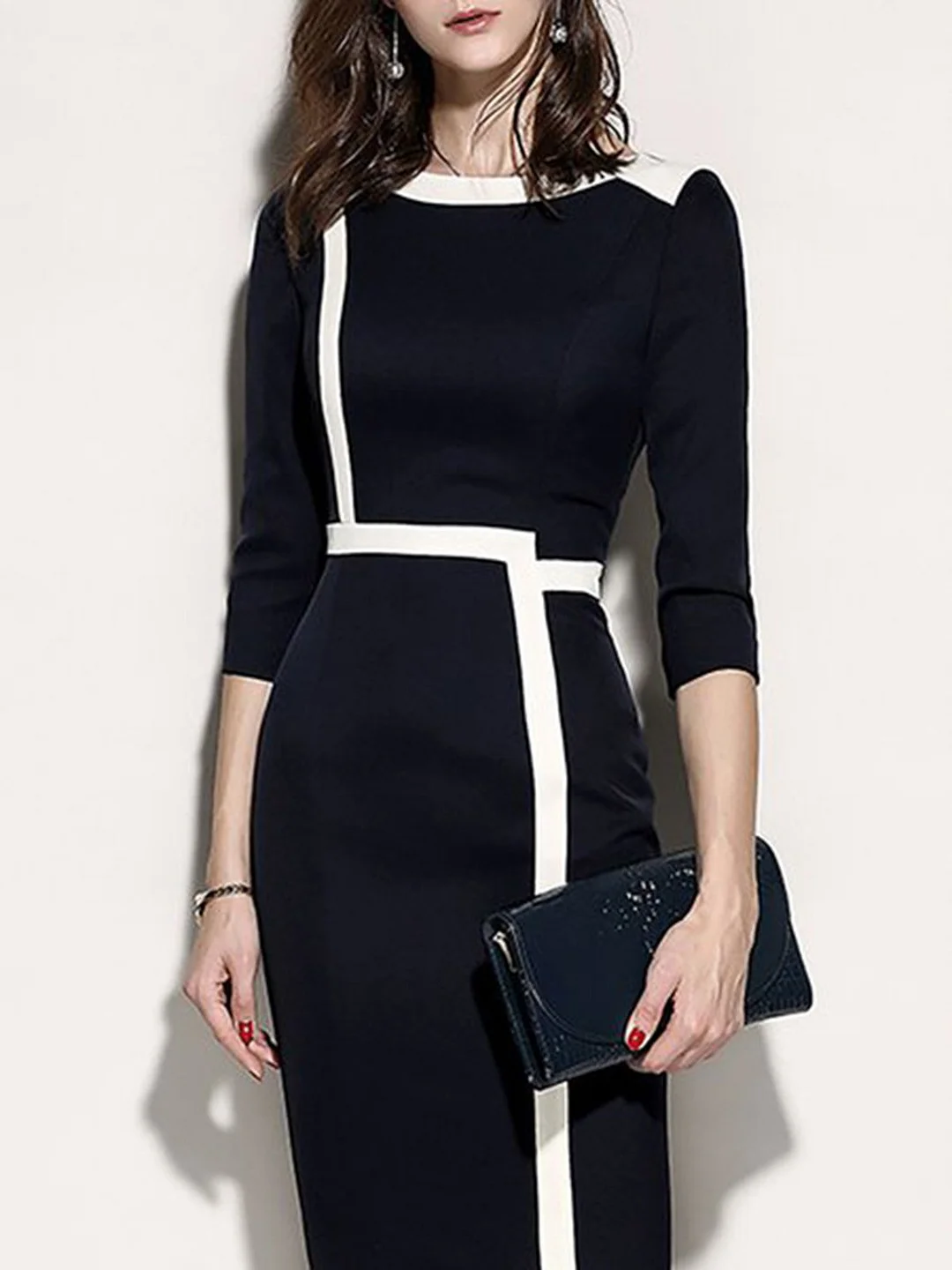 3/4 Sleeve Shift Slit Zipper Paneled Solid Midi Dress