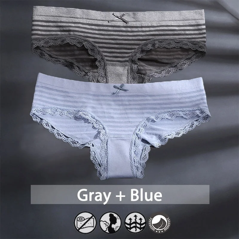 M-XXXL Plus Size Women Panties Underwear Female Lingerie Sexy Briefs Big Pantys Low Waist Lace Panties Striped Intimate 2PCS/Set