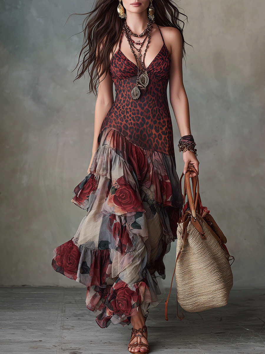 Wild Romance Leopard & Rose Layered Boho Maxi Dress view 1