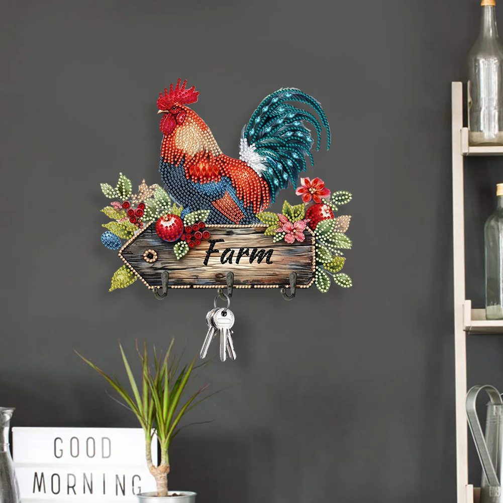 DIY Farm Rooster Wooden Diamond Painting Hanging Hooks for Beginners Adults(24*20cm)