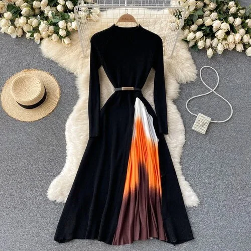 Oocharger Dress for Women 2023 Autumn Winter Print Knitting Vestidos Feminino Korean A-line Vintage Elegant Long Dresses Retro