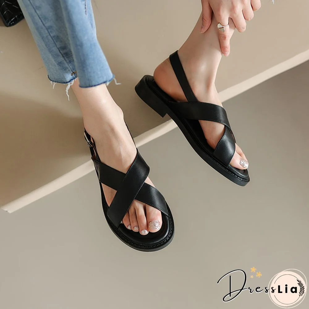 Women Sandals Retro Gladiator Casual Pumps Genuine Leather Low Heels Office Ladies Shoes Woman Summer Fashion Concise