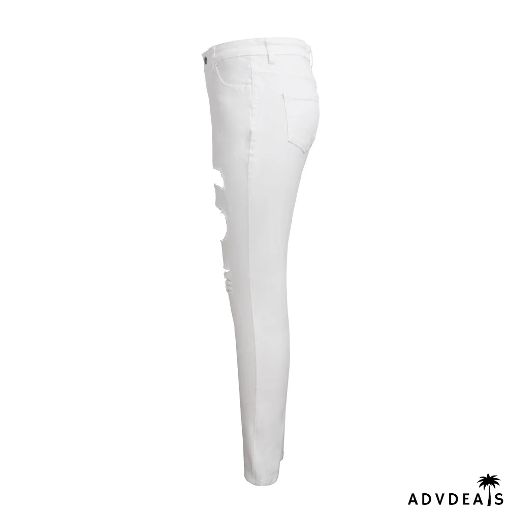 White Denim Ripped Hole High Waist Long Jeans
