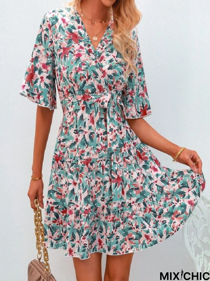 V Neck Short Sleeve Printed Dress