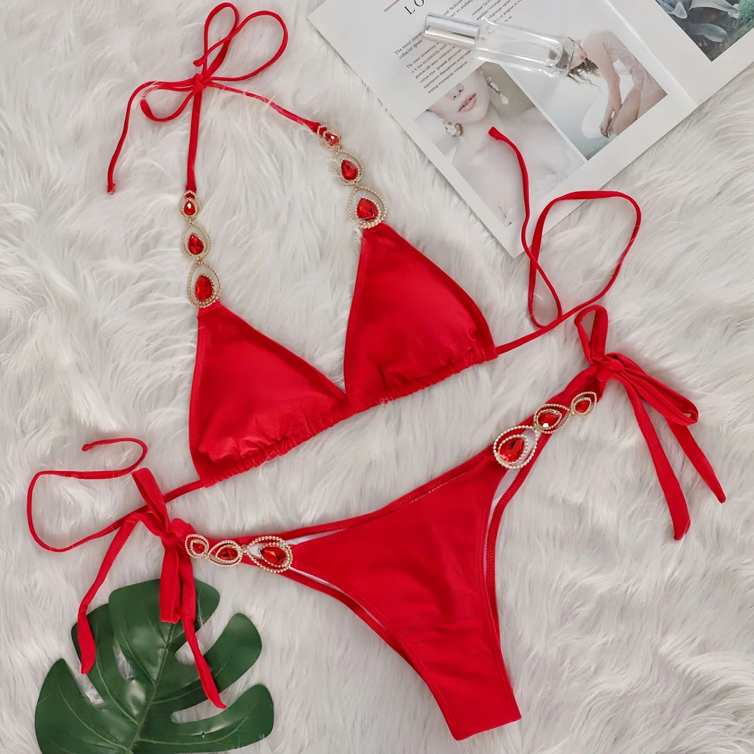 Uveng Uveng New Sexy Bikini Set Luxury Crystal Diamond Straps Female Swimwear Beach Holiday Swwear