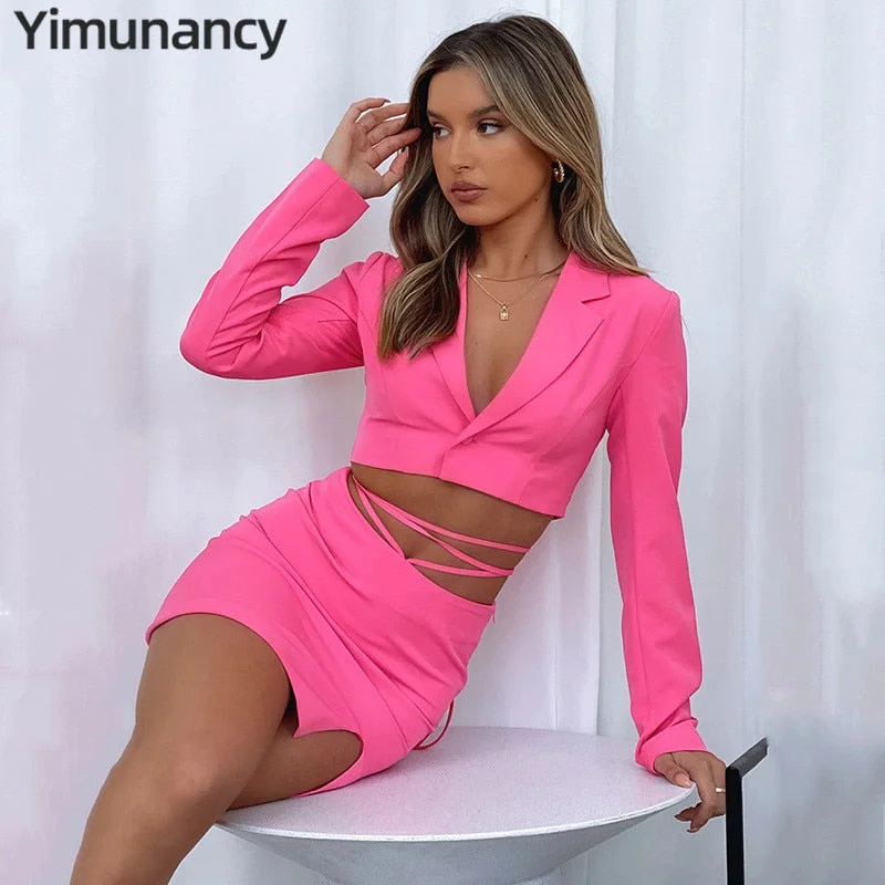 Yimunancy 2-Piece Blazer Sets V Neck Cropped Blazer + High Waist Skirt 2021 Autumn Button Notched Lace Up Matching Set