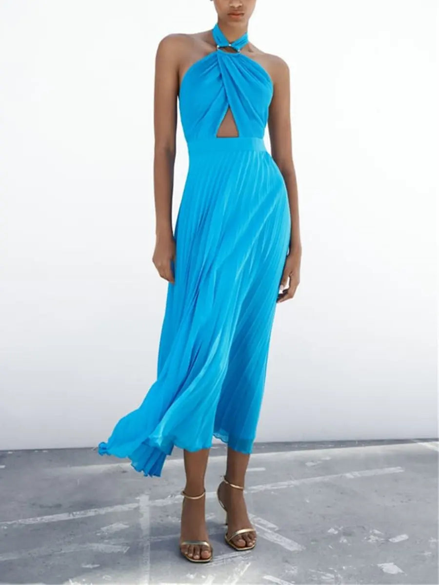 Summer Hanging Neck Pleated Lace Up Midi Dress