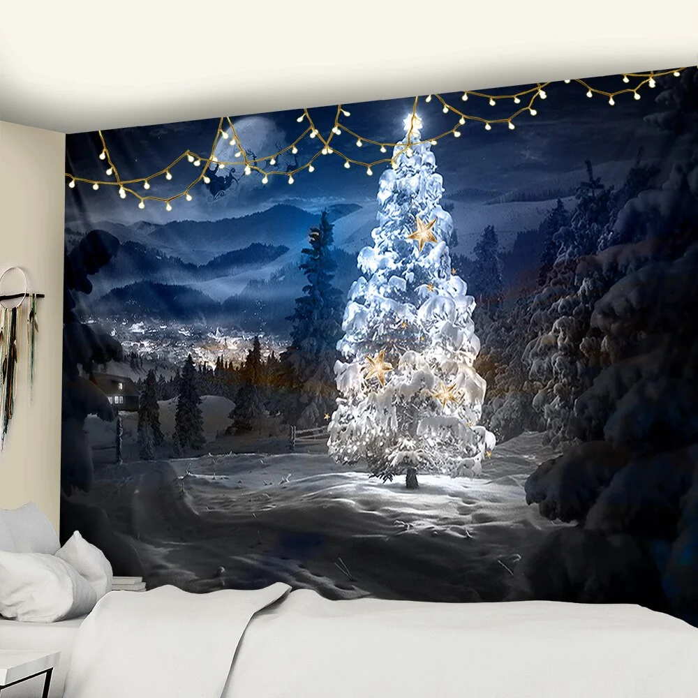 Crystal Christmas Tree Tapestry Xmas Art Wall Hanging Tapestry Christmas Lighthouse Snowflake Home Room Decoration Gift