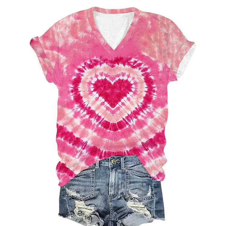 VChics Women's Valentine's Day Heart Tie-Dye Print T-Shirt