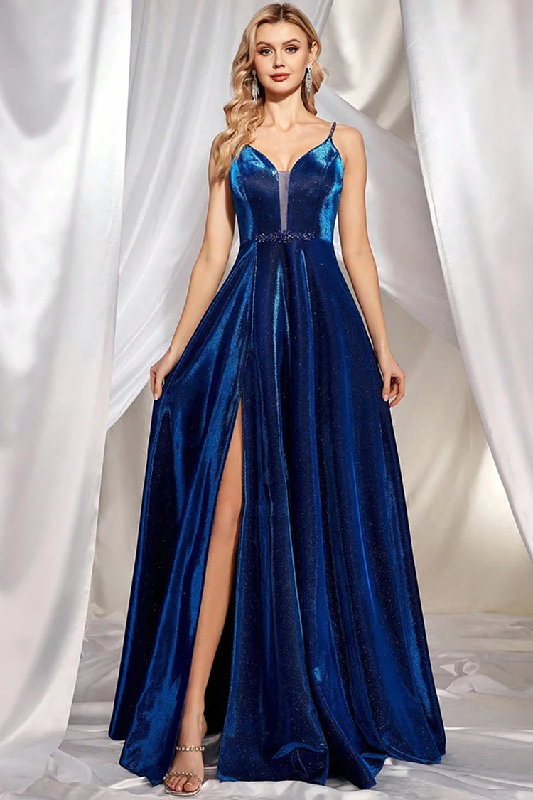 Sparkly Satin Spaghetti Straps Slit Maxi Dress-Royal Blue