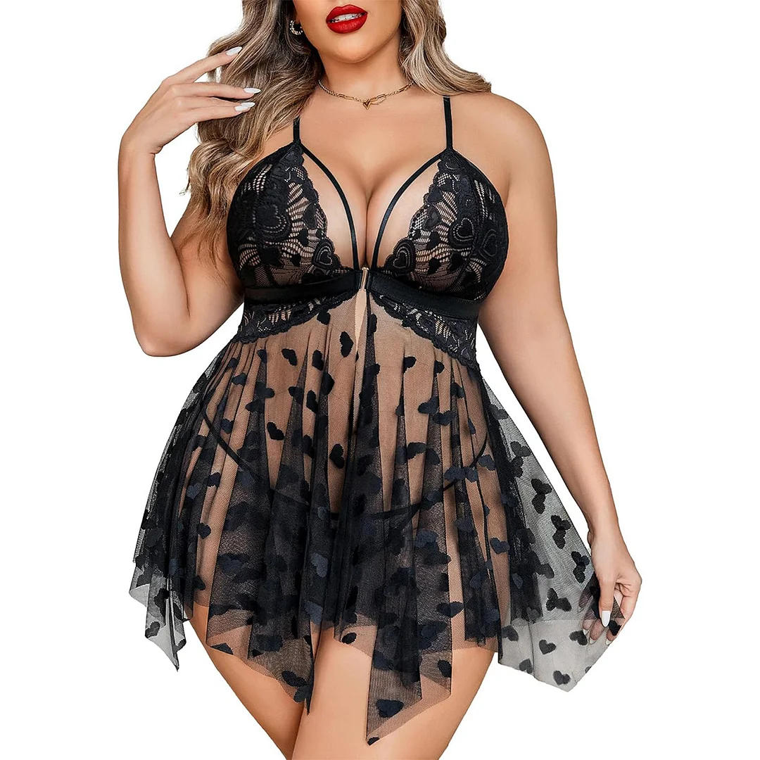 Plus Size Embroidered Bridal Lingerie Front Slit Lace Babydoll With Thong
