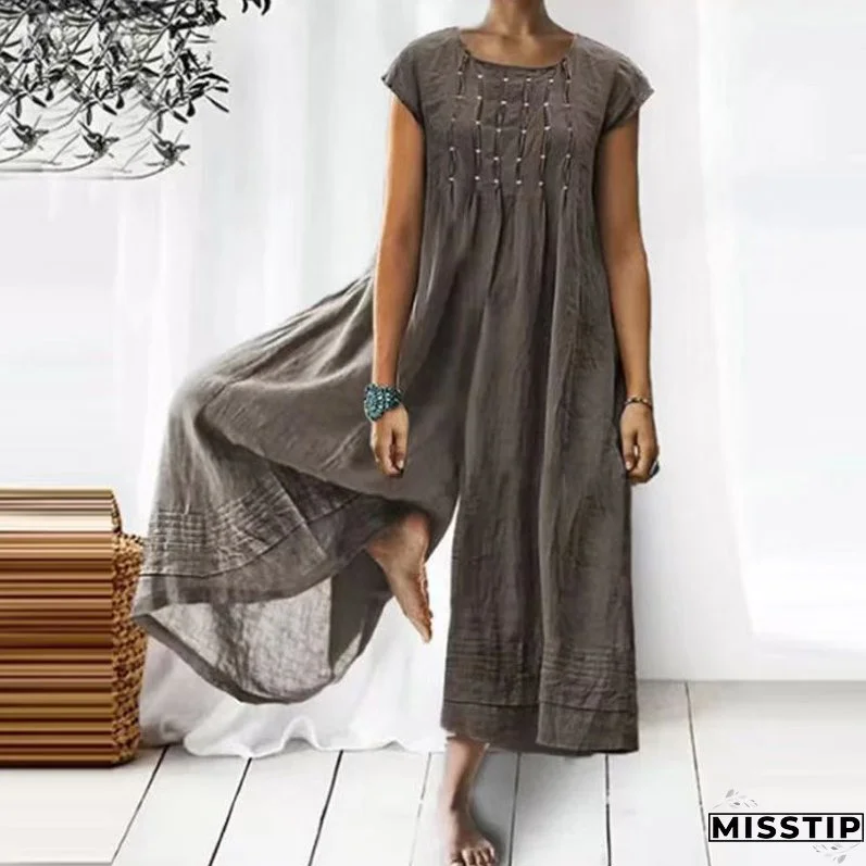 Fashion Vintage Crinkled Cotton Linen Elegant Wide Leg Loose Jumpsuit