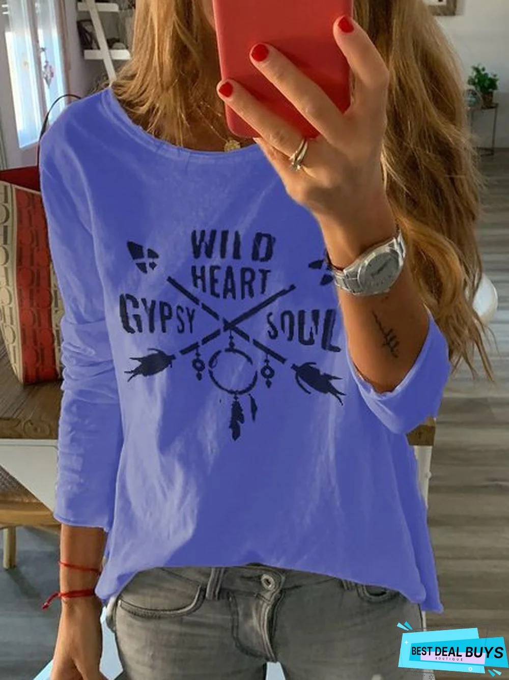 Crew Neck Cotton-Blend Geometric Long Sleeve T-shirt