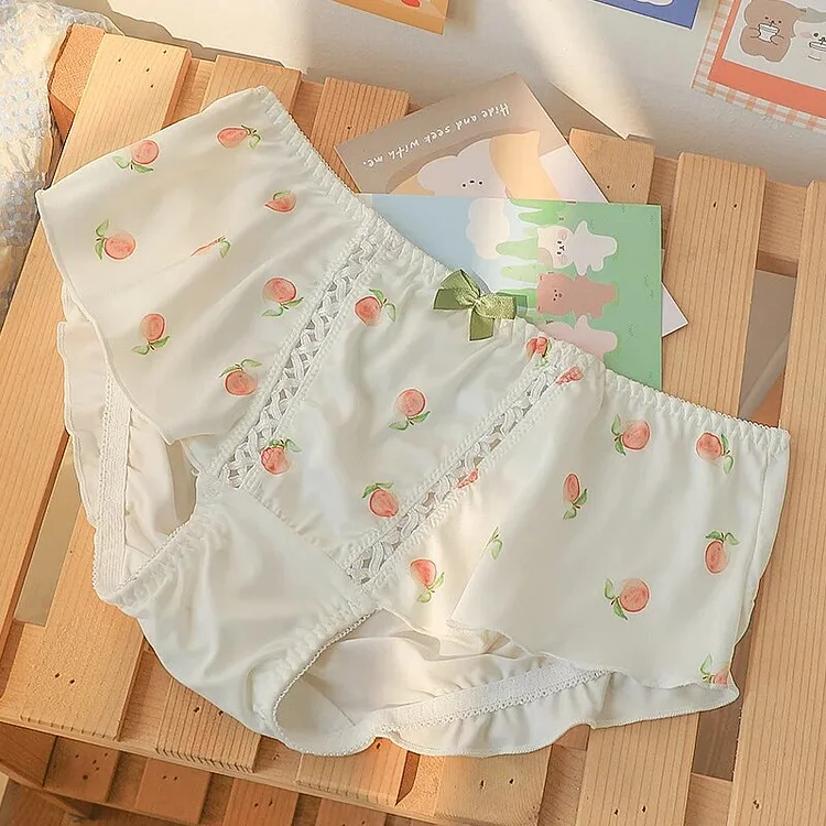 Dubeyi Japanese Peach Printed Ice Anime Sweet Style Wood Ear Edge Pure Cotton Crotch Breathable Comfortable Women's Underpants