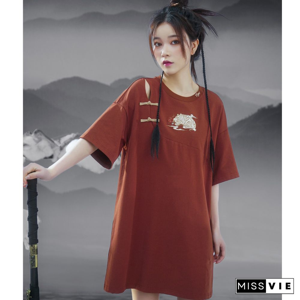Vintage Embroidery Buckle Tasesel Vest Loose T-Shirt Dress
