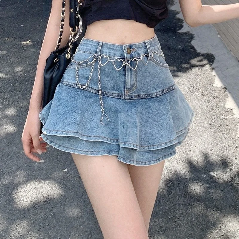 Back to School Y2k Skirt Denim Half-Length Skirt Women Summer 2022 New Kawaii Ruffled Pleated Skirt E-Girl High Waist Mini Skirt A-Line Skirt