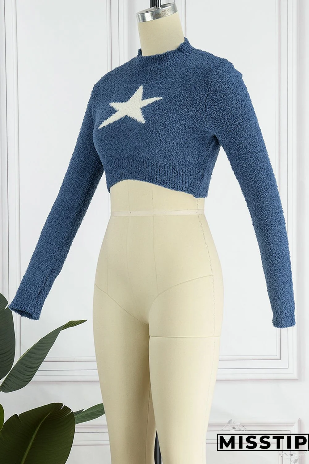 Blue Casual The stars Patchwork O Neck Tops