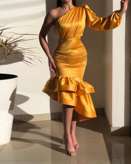 Yellow Gorgeous One Shoulder Mermaid Evening Dresses with Ruffle