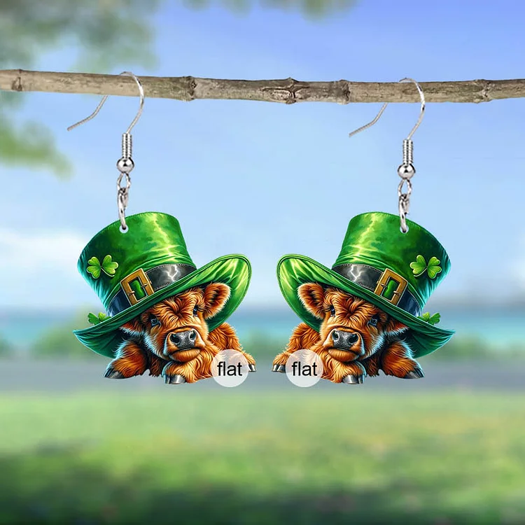 St. Patrick'S Day Green Shamrock Hat Cow Earrings