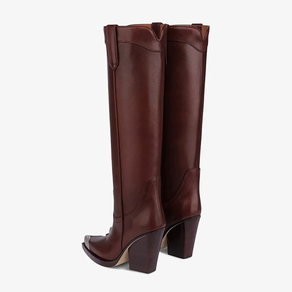 Maroon Pointed Toe Chunky Heel Pull Tab Cowgirl Boots