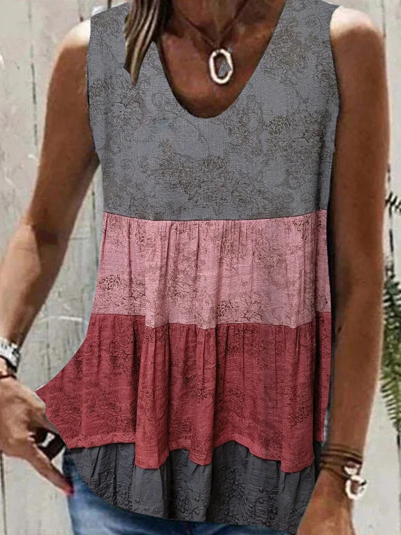 Women Sleeveless V-neck Stitching Floral Printed Top