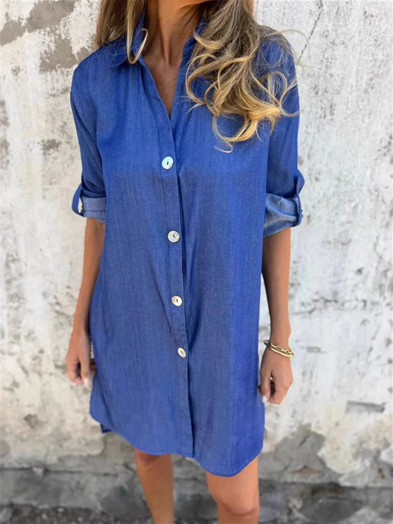 Women's Short Sleeve V-neck Buttons Cowboy Midi Dress