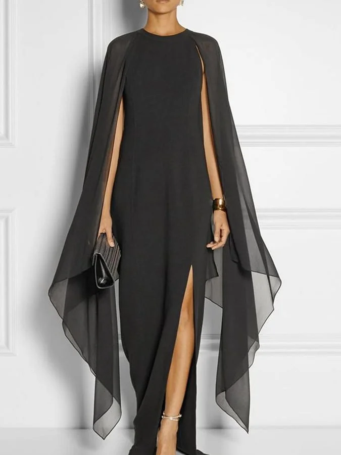 Women's Elegant Solid Color Chiffon Cape Sleeve Slit Dress
