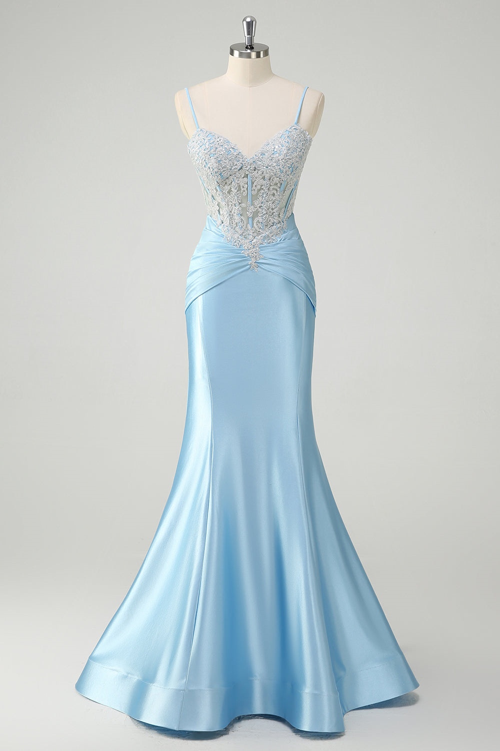 Ovlias Graceful Blue Spaghetti Strap Applique Backless Mermaid Prom Dress LY0618