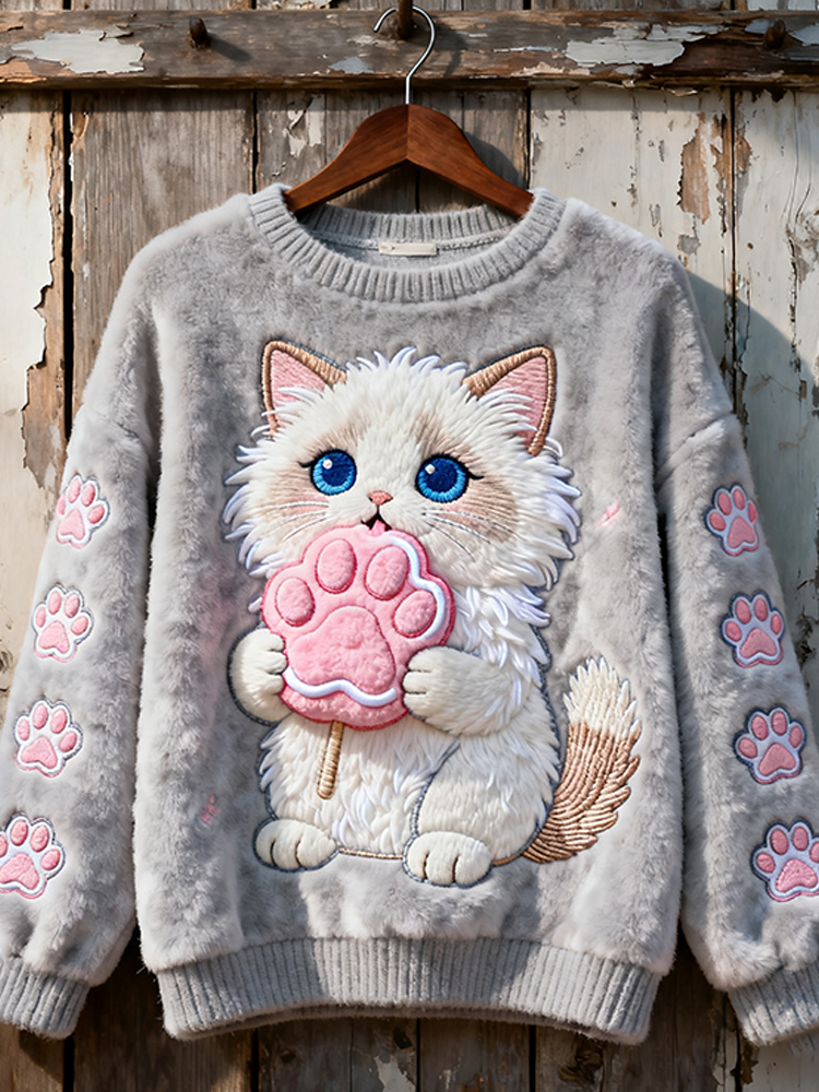 Cat Eating Cat Claw Cotton Candy Flannel Crewneck Sweatshirt elevenforest