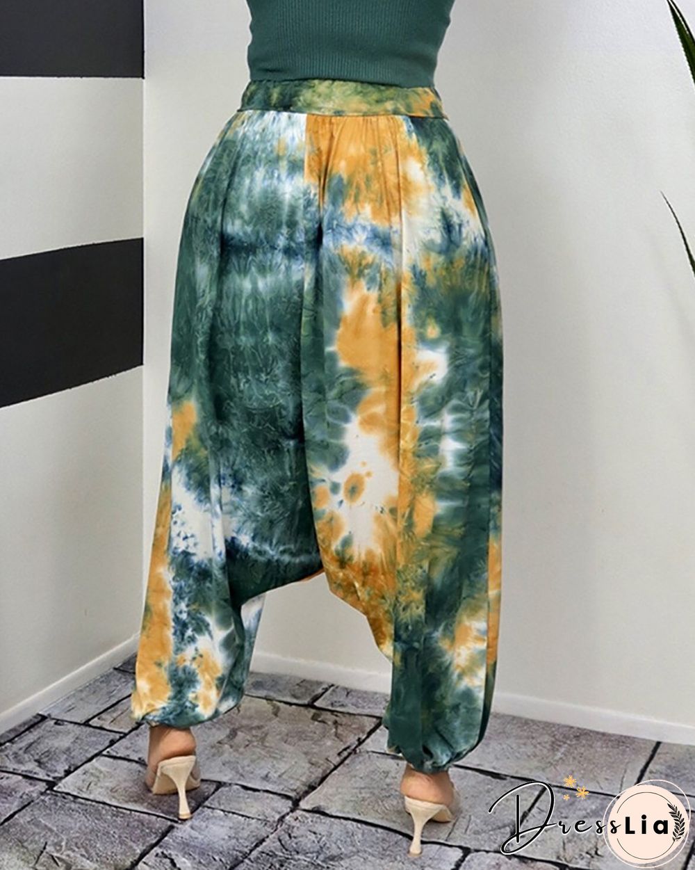 Tie Dye Print Shirred Harem Pants