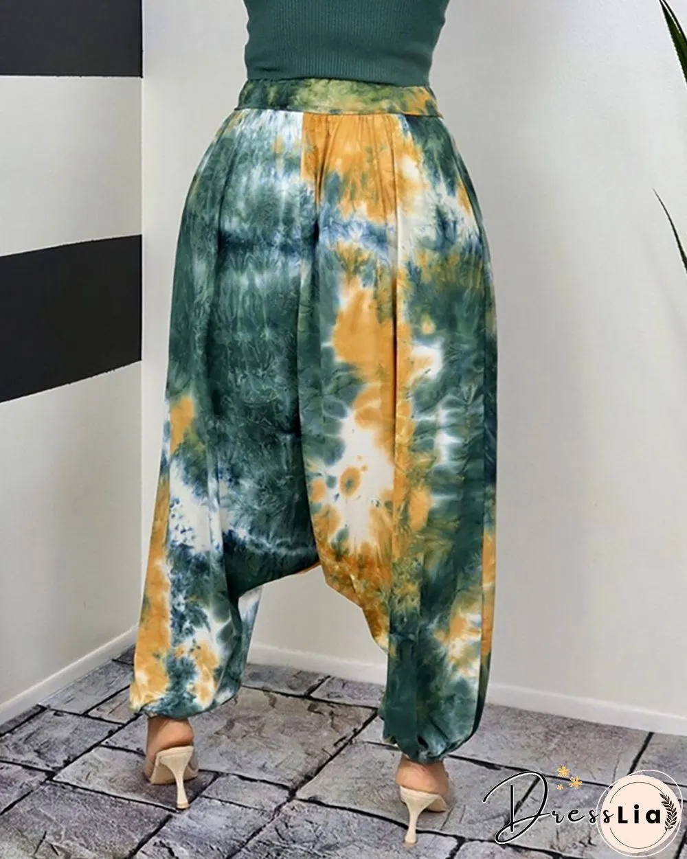 Tie Dye Print Shirred Harem Pants