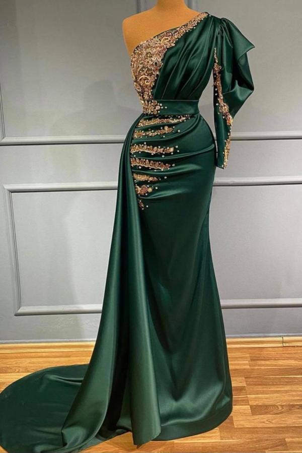 Classic Dark Green One Shoulder Mermaid Prom Dress With Beads - lulusllly