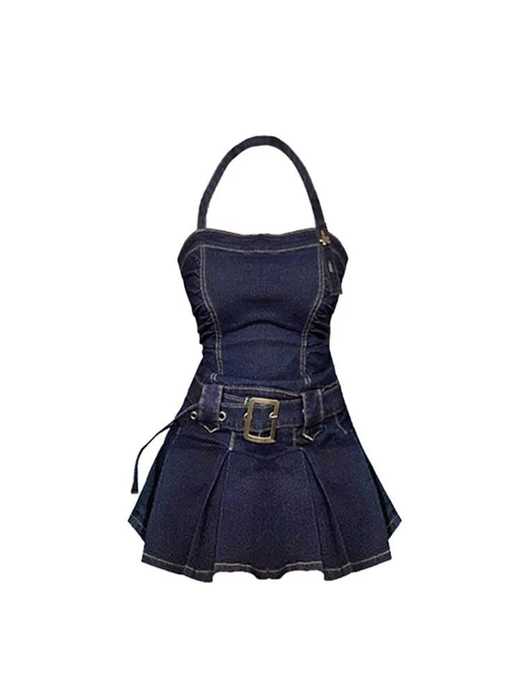 Aiertu Women Denim Mini Dress Off Shoulder Halter Neck Sleeveless Suspender Dress Summer Y2k Vintage Party Elegant Ladies A-line Frocks Aiertu