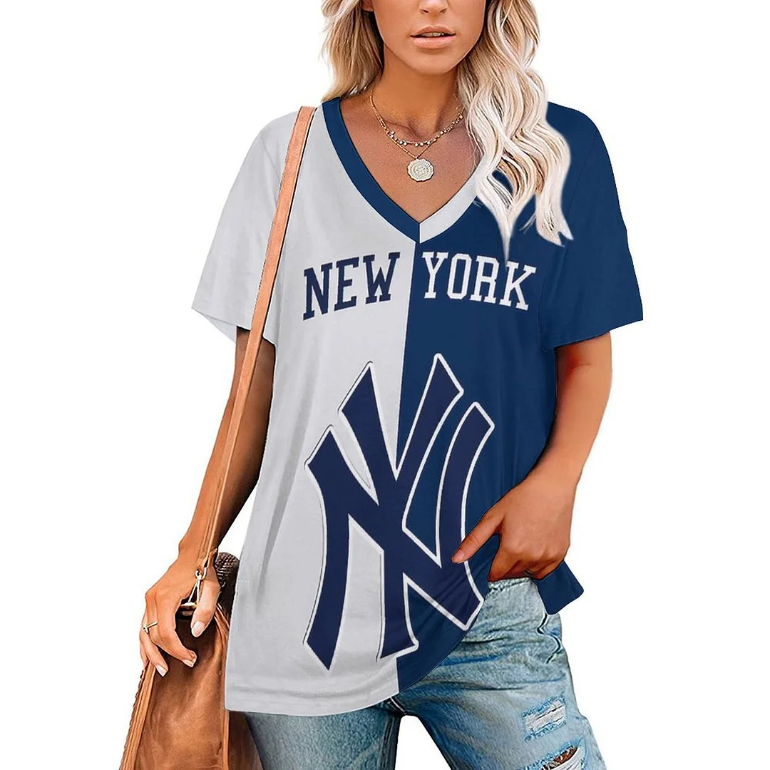 V-neck Short Sleeve Casual T-shirt for  Women Printed with Pattern ,Blue