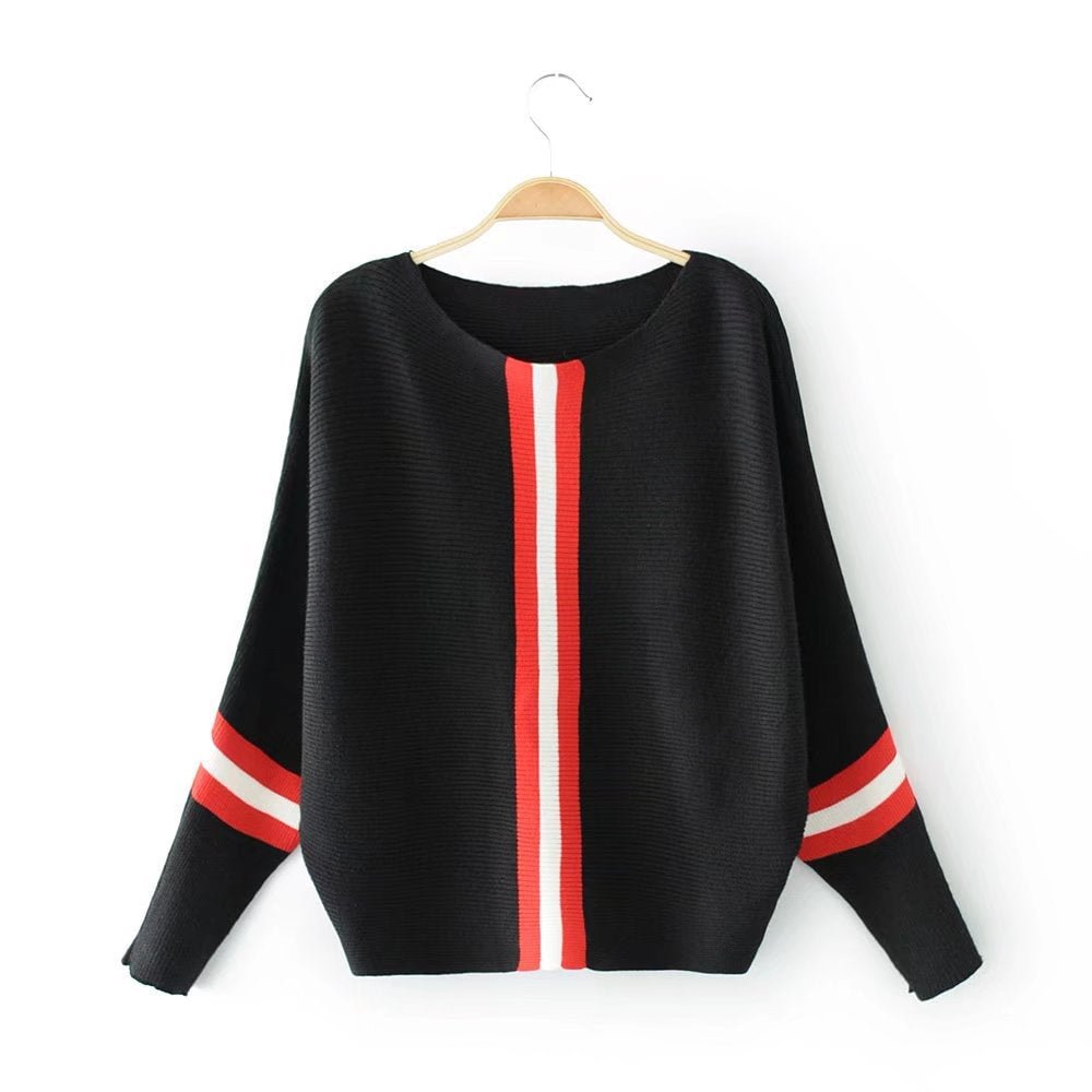 2021 autumn new vertical stripe contrast loose pullover sweater women short bat sleeve sweater