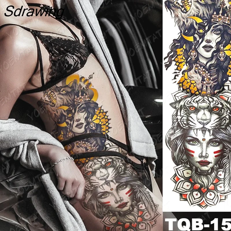Sdrawing Arm Sleeve Tattoo Tiger Lion Wolf Owl Waterproof Temporary Tatto Sticker Crown Warrior Body Art Full Fake Tatoo Men Women