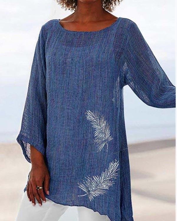 Feather Print Round Neck Long Sleeve Top - Chicaggo