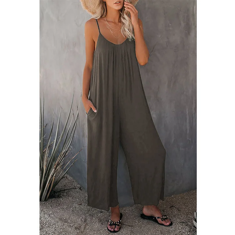 Uveng Sling Summer Solid Sleeveless Color Pocket Casual Jumpsuit