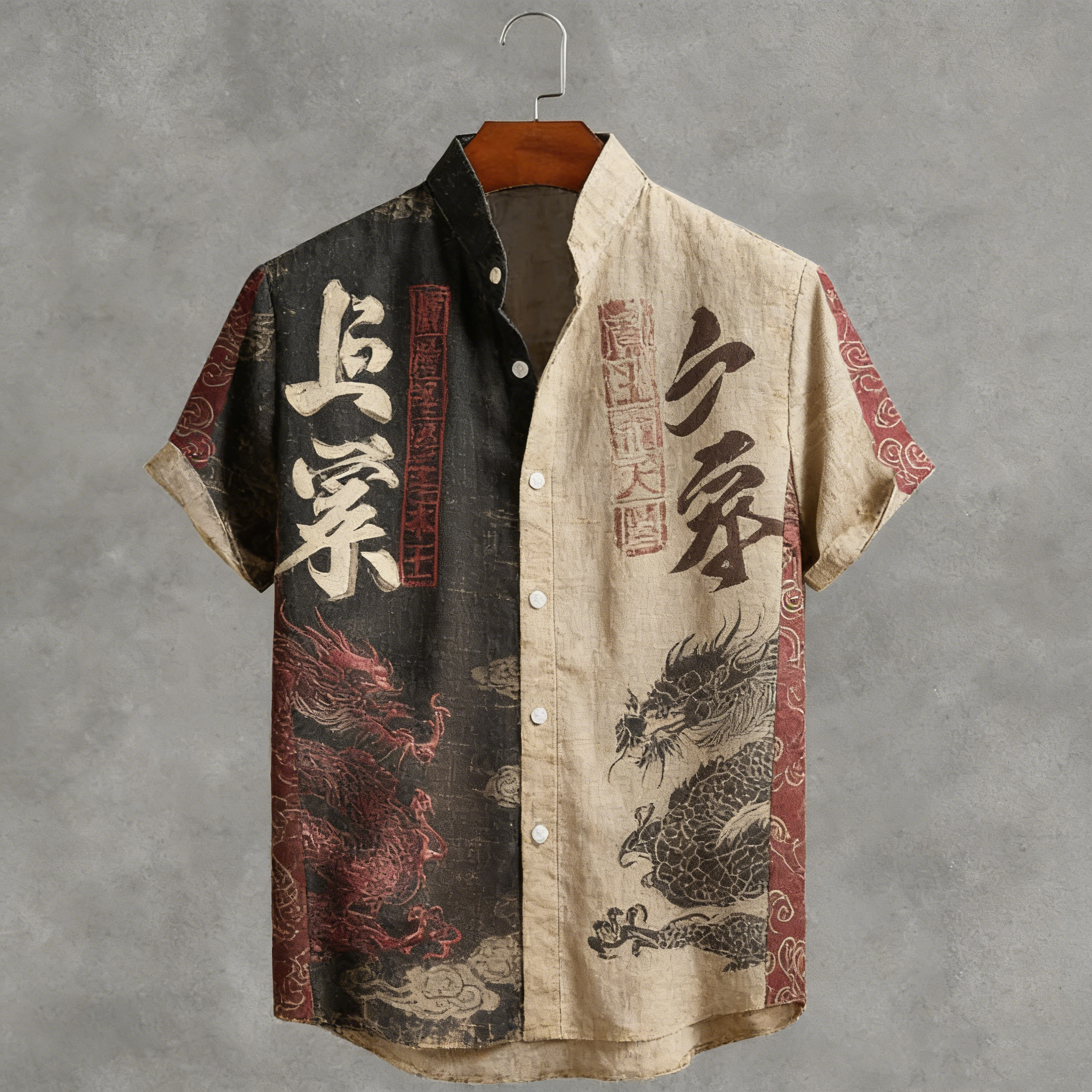 Retro Japanese Calligraphy And Dragon Art Pattern Casual Shirt elevenforest