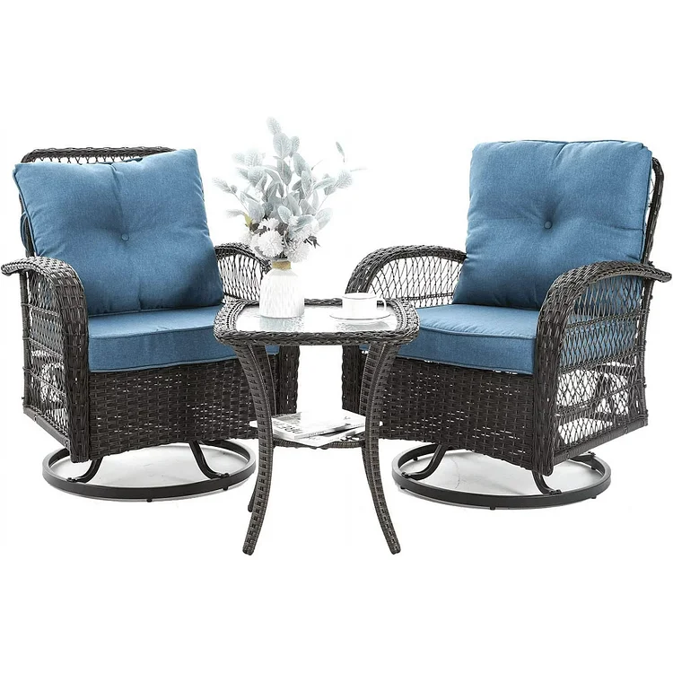 Amopatio 3 Pieces Patio Furniture Set, Outdoor Swivel Glider Rocker, Wicker Patio Bistro Set with Rocking Chair, Thickened Cushions and Table for Porch（Blue）