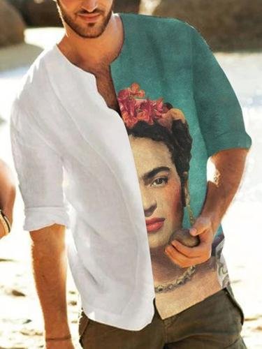 Frida Kahlo Print V-Neck Long Sleeve Shirt
